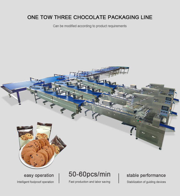 Factory Biscuit Cookies Chocolate Date Cake Bread Cake Candy Soap Automatic Packaging Machine a Drag Three Materials Pillow Horizontal Flow Packing Machine Line