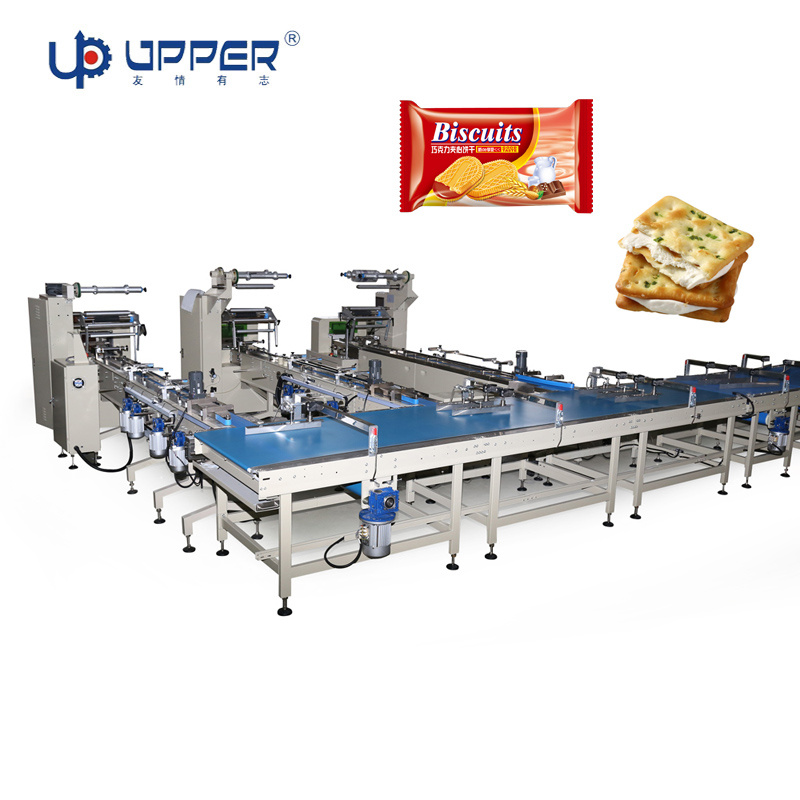 Fully Automatic Chocolate Bar Biscuit Cake Flowing Packing Machine Food Wrapping Machine Line Egg Roll Rotary Feeding Flow Packaging Line