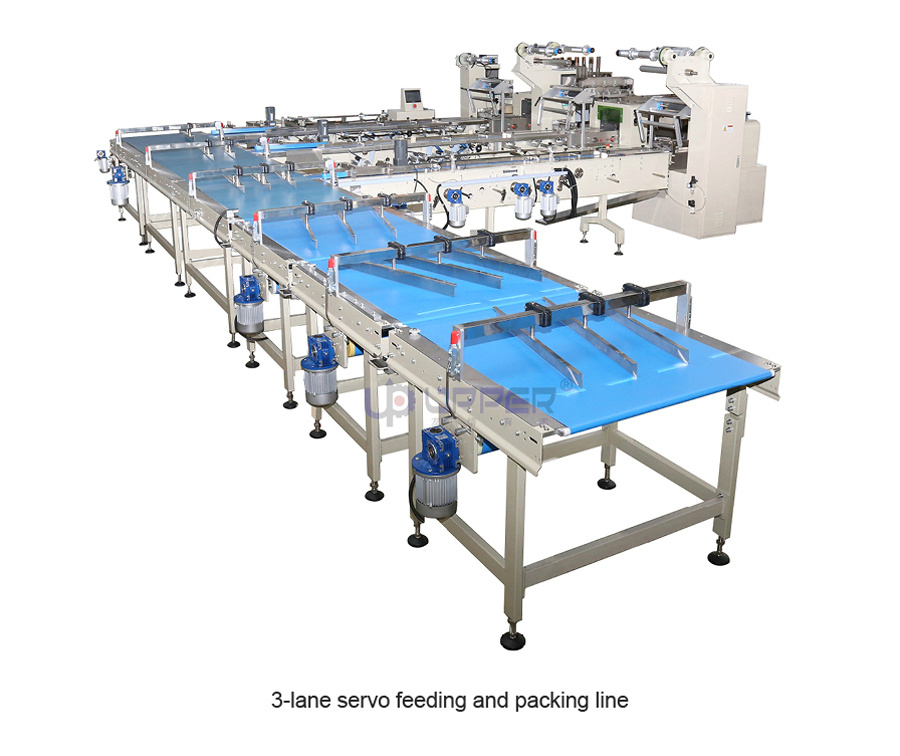 Fully Automatic Chocolate Bar Biscuit Cake Flowing Packing Machine Food Wrapping Machine Line Egg Roll Rotary Feeding Flow Packaging Line