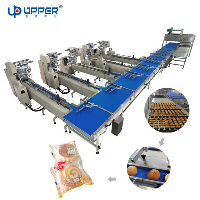 Large Scale Packaging Machine System Fully Automatic One Pull Five Count Collection Cupcake Bread Biscuit Chocolate Bar Pillow Horizontal Packing Machine Line