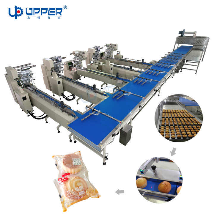 Large Scale Packaging Machine System Fully Automatic One Pull Five Count Collection Cupcake Bread Biscuit Chocolate Bar Pillow Horizontal Packing Machine Line