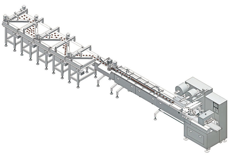 Fully Automatic Chocolate Bar Biscuit Cake Flowing Packing Machine Food Wrapping Machine Line Egg Roll Rotary Feeding Flow Packaging Line